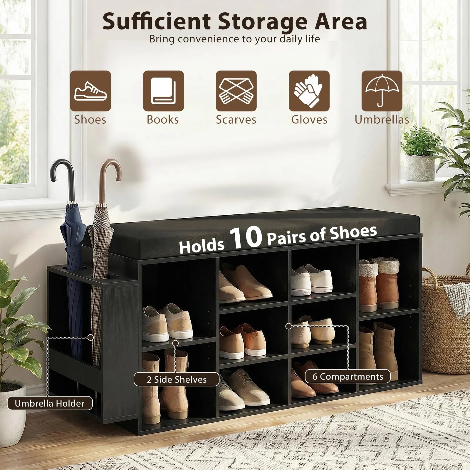 Tangkula Shoe Storage Bench with Umbrella Stand 10-Cubby Entryway Shoe Rack Organizer