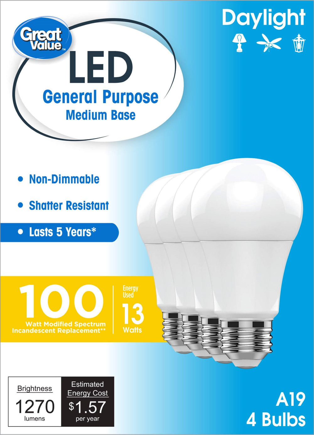 Great Value LED Light Bulbs, 100 Watts Eqv, Daylight, A19 General Purpose Light Bulbs, 5YR, 4pk 93131092