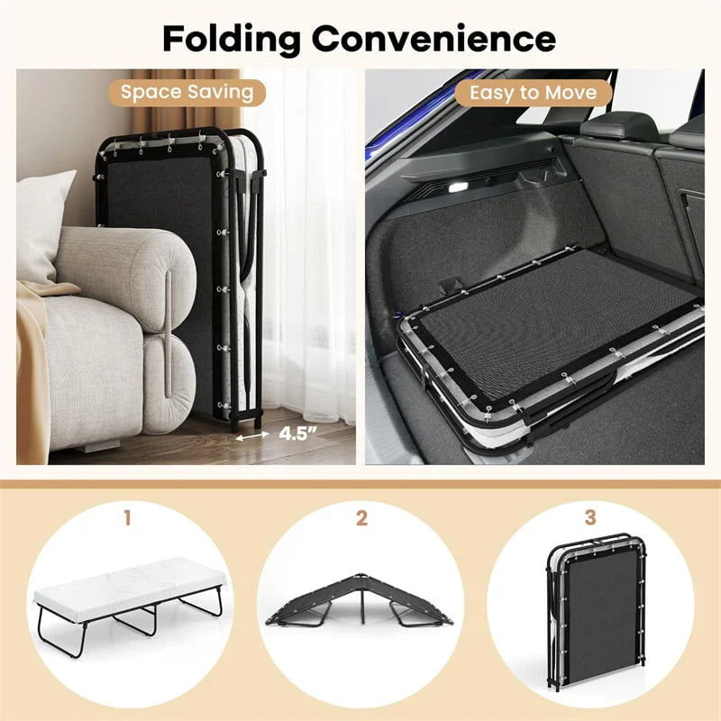 Cot Size Rollaway Guest Bed with Memory Foam Mattress, 75"x31" Portable Folding Bed with Heavy-Duty Metal Frame for Home Office Small Spaces